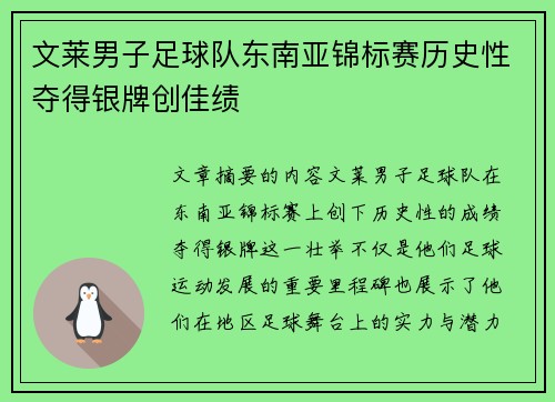 文莱男子足球队东南亚锦标赛历史性夺得银牌创佳绩