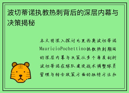 波切蒂诺执教热刺背后的深层内幕与决策揭秘
