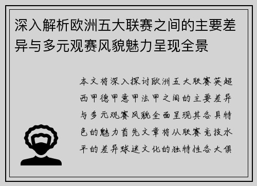 深入解析欧洲五大联赛之间的主要差异与多元观赛风貌魅力呈现全景