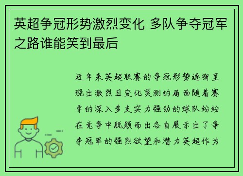 英超争冠形势激烈变化 多队争夺冠军之路谁能笑到最后