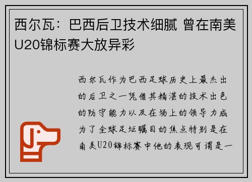 西尔瓦:巴西后卫技术细腻 曾在南美U20锦标赛大放异彩 西尔瓦:巴西后卫技术细腻 曾在南美U20锦标赛大放异彩